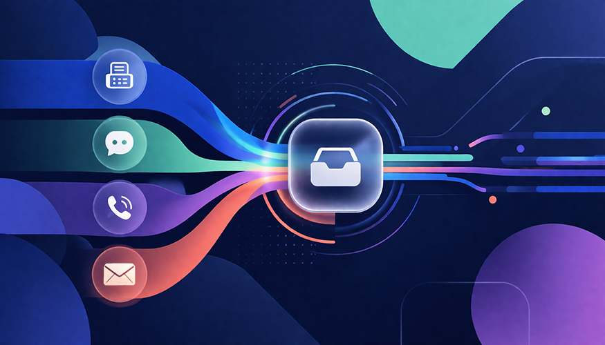 Abstract illustration of Business Fax Software within a unified communications platform, showing fax, SMS, voice, and email channels converging into a centralized inbox.