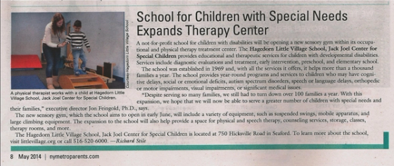 Long Island Parent clipping, “School for Children with Special Needs Expands Therapy Center”