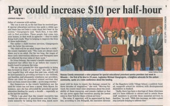 Merrick Herald newspaper clipping headlined “Pre-K special ed. providers may get substantial raise”
