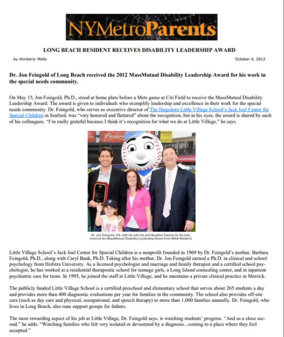 NY Metro Parents clipping, “Long Beach Resident Receives Disability Leadership Award”