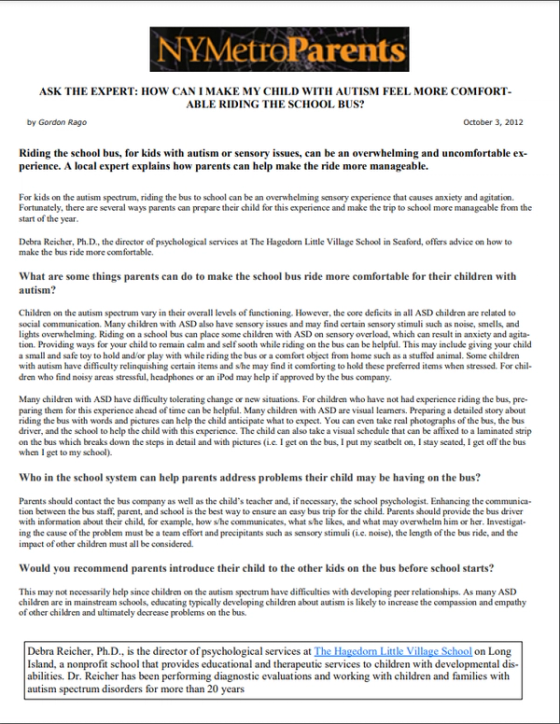 NY Metro Parents “Ask the Expert” clipping about helping a child with autism ride the school bus
