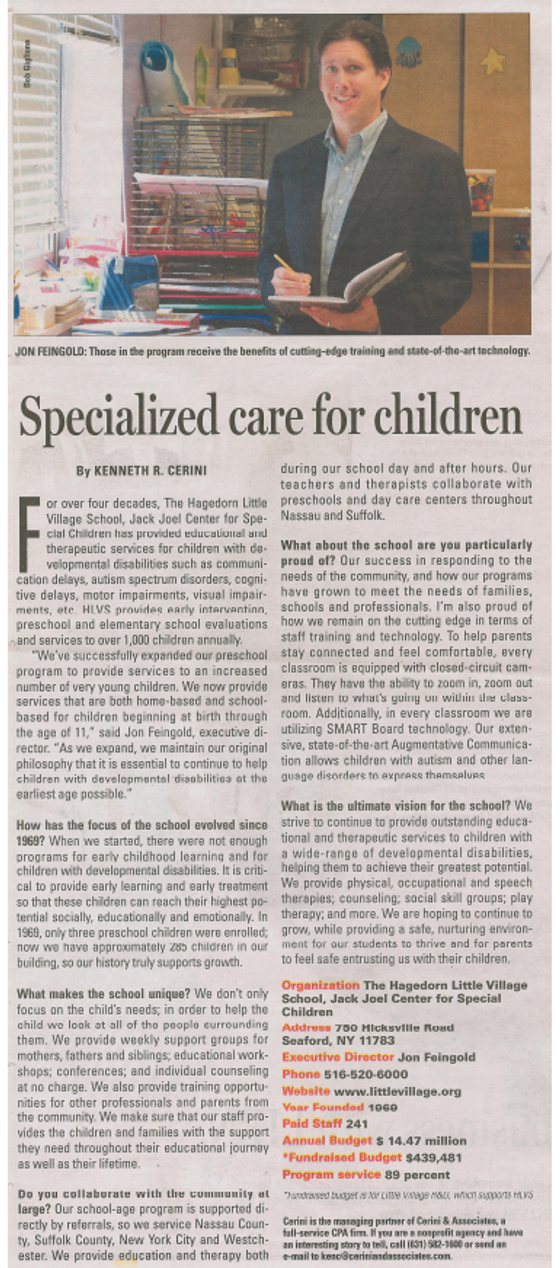 Long Island Business News clipping, “Specialized Care for Children”