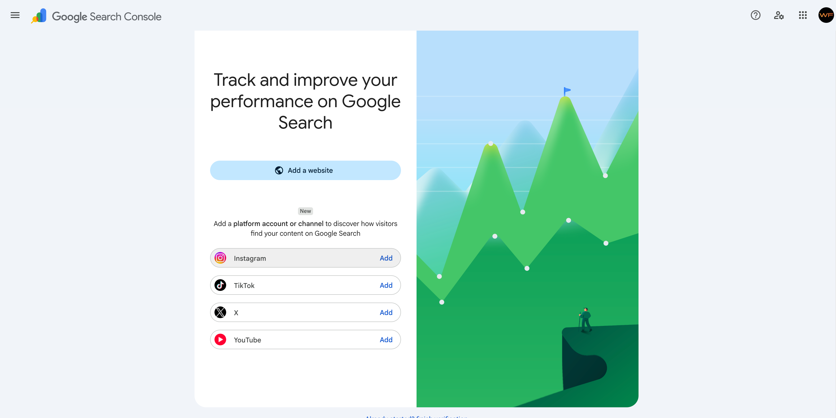 Google Search Console add property screen with Instagram, TikTok, X, and YouTube platform options