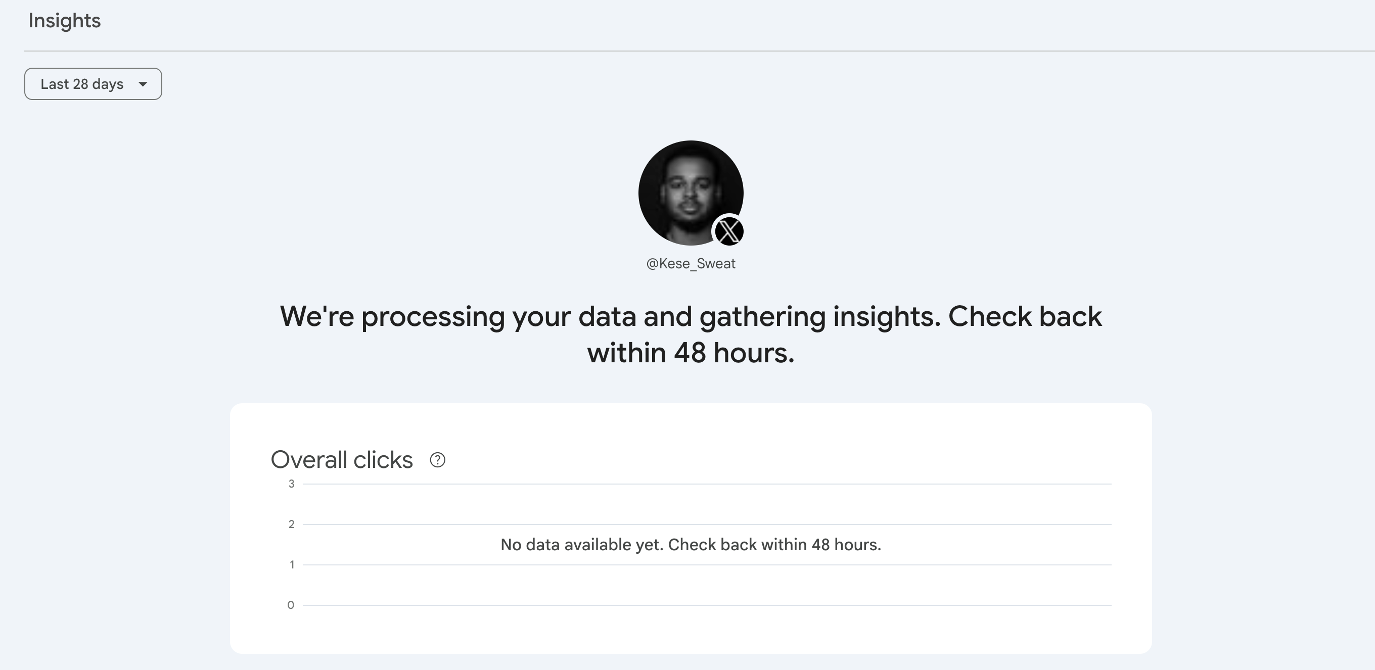 Search Console Insights report showing the 48-hour data processing message for a newly connected X account