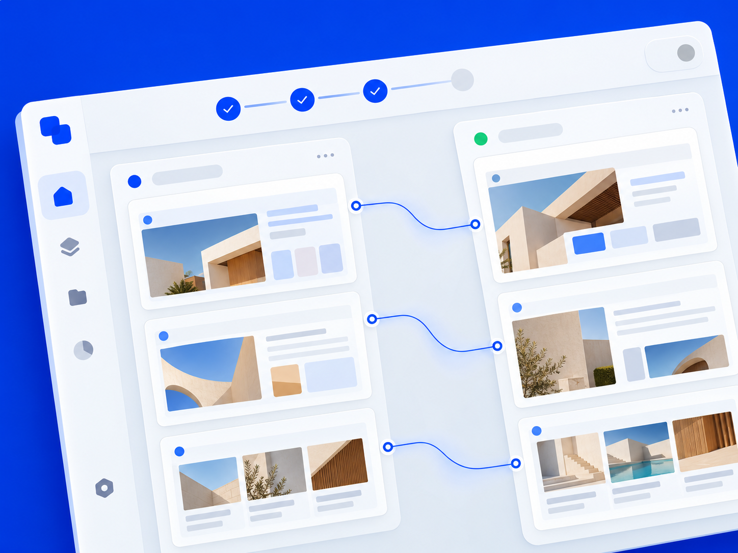 Illustration of website pages being moved between site layouts, linked by transfer lines