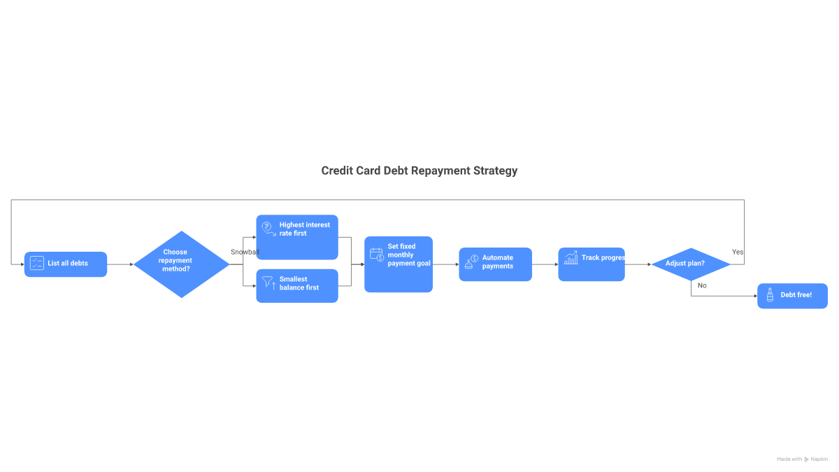 Flowchart of 5-step credit card debt repayment plan: list debts, choose strategy, set payment goal, automate payments, track progress