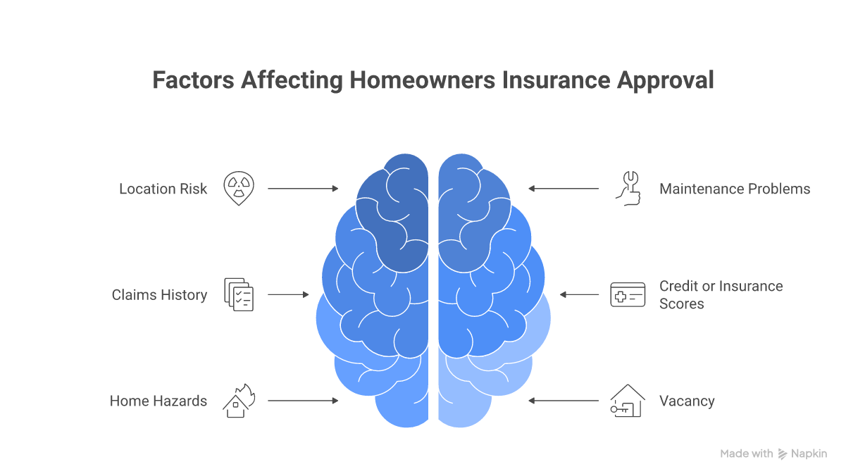 Mindmap of six common reasons homeowners insurance applications get denied