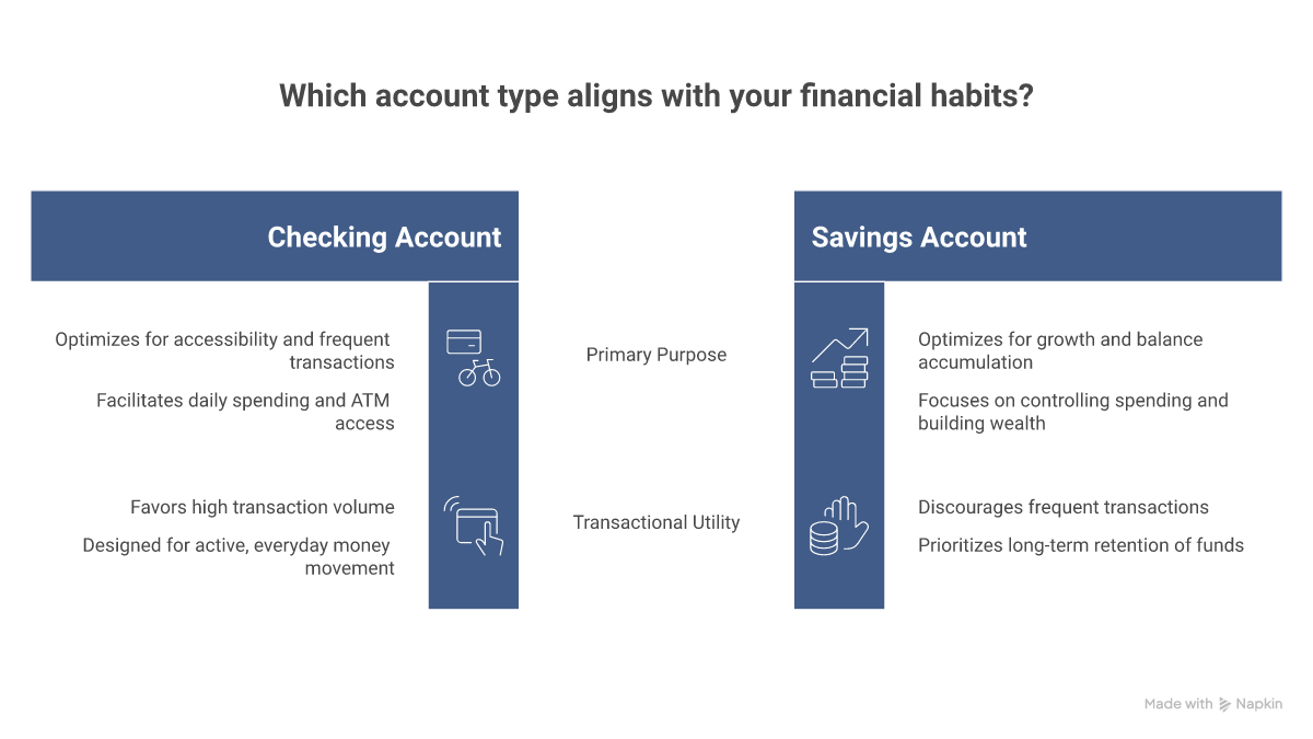 Side-by-side comparison of checking vs savings accounts across daily-use factors
