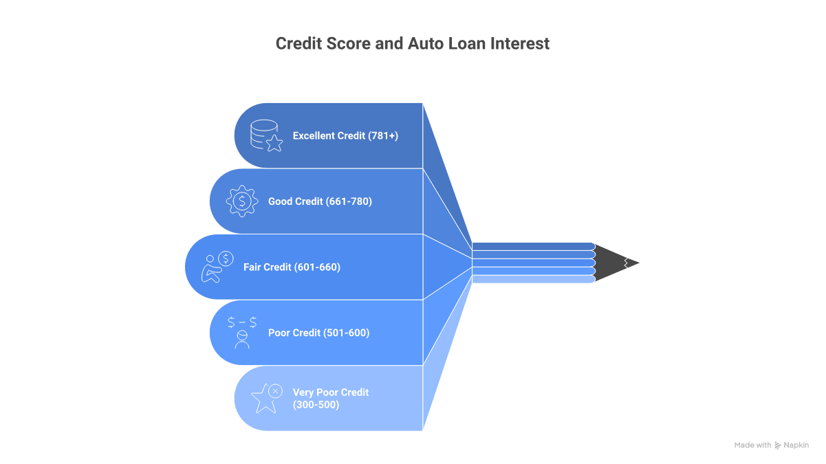 Chart showing auto loan APR by credit score tier: 5.08% for 781+, up to 14.97% for scores under 500