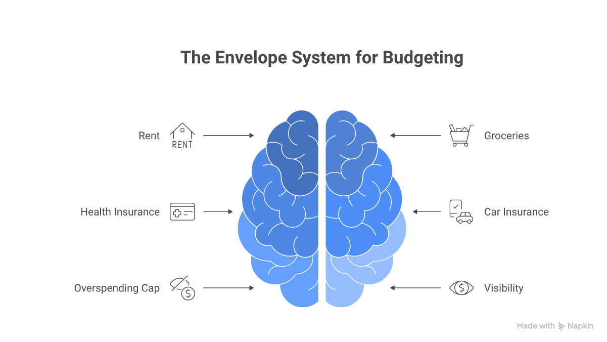 Envelope-system budgeting mindmap with categorized cash allocations for monthly spending