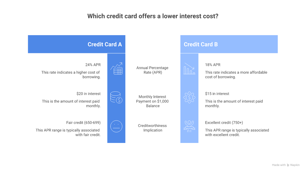 Comparison of credit card APR ranges by credit score: excellent credit 15-19%, good 20-23%, fair 24-27%, poor 28%+ versus national average 22.80%