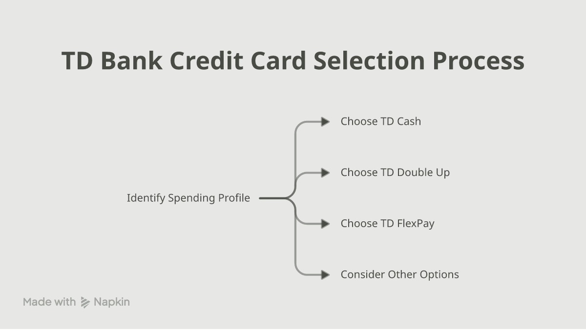 Decision flowchart matching spending profiles to TD Cash, TD Double Up or TD FlexPay credit cards