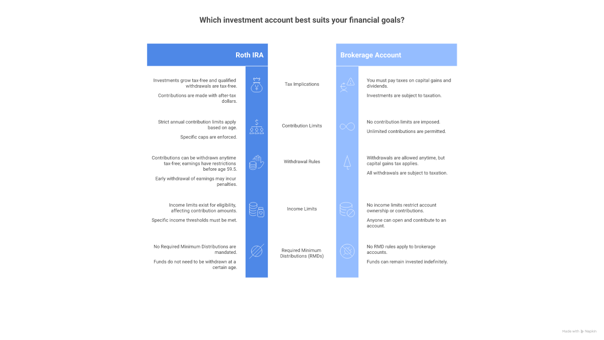 Comparison table of Roth IRA vs brokerage account showing tax treatment, contribution limits, withdrawal rules, and income limits