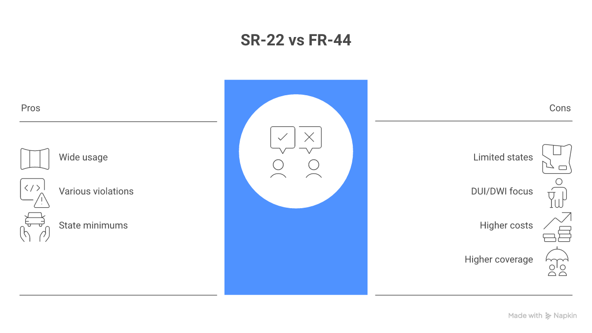 Side-by-side comparison of SR-22 vs FR-44 insurance requirements: states, violations, and coverage limits