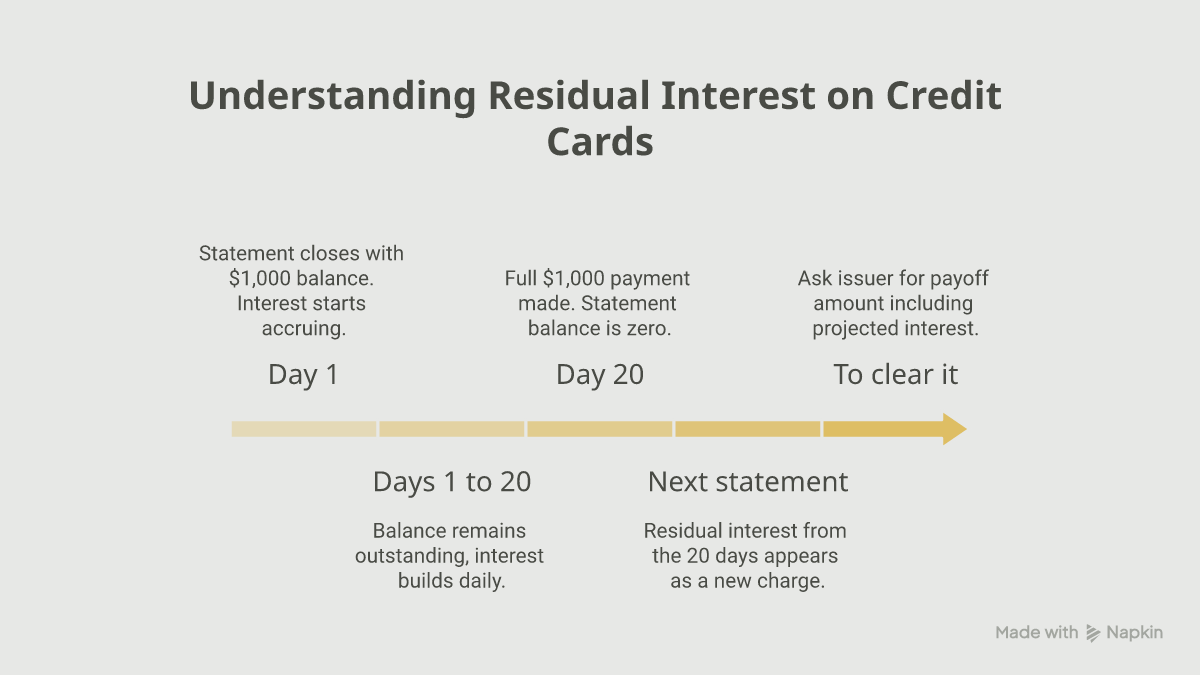 Timeline showing how residual interest accrues between a statement closing date and the payment date, then appears on the next statement