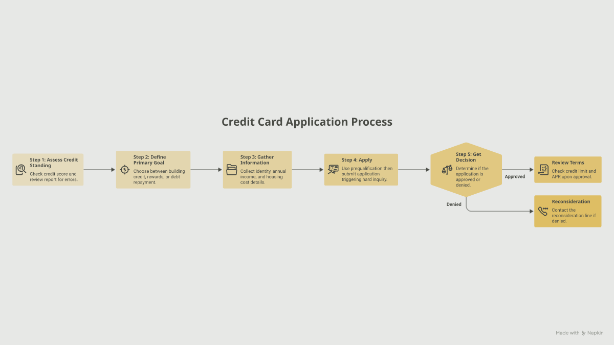 Five-step flowchart for applying for a credit card: assess your credit standing, define your primary goal, gather your information, submit the application, and receive a decision