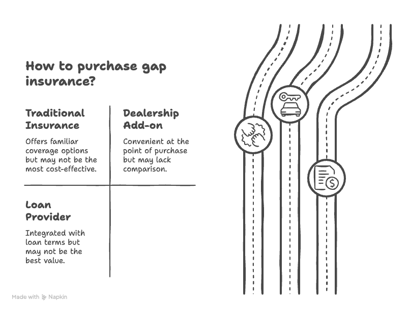 A graphic showing the options for purchasing gap insurance for a car loan.