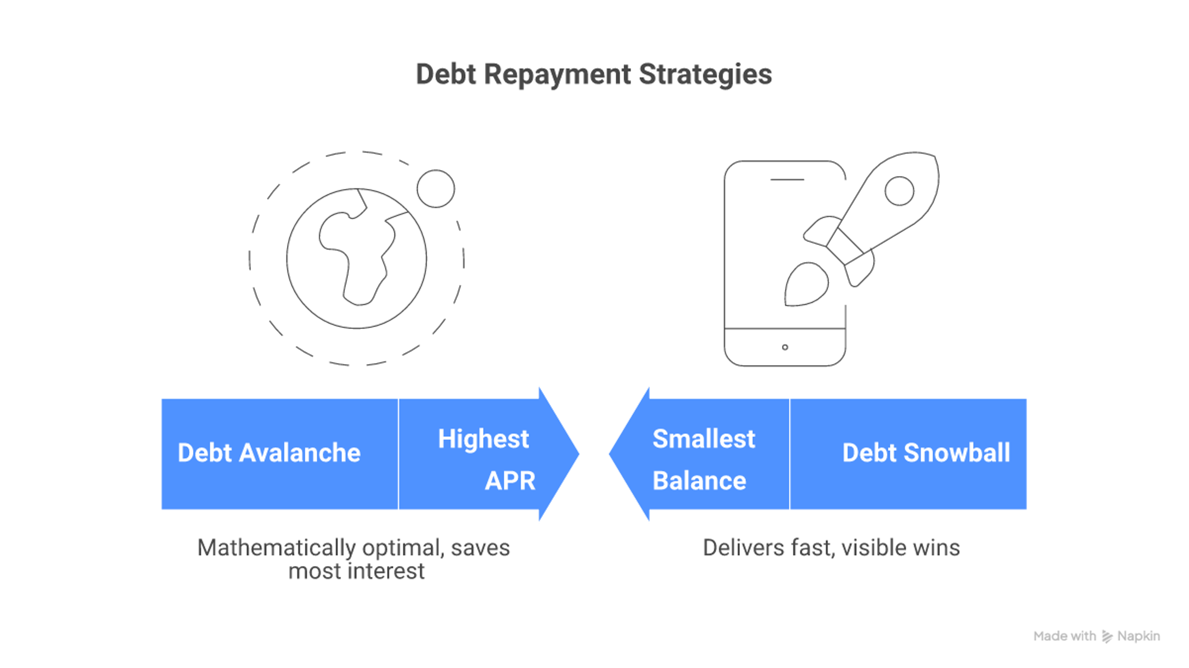 Side-by-side comparison of the debt avalanche method versus the debt snowball method for paying off credit card debt