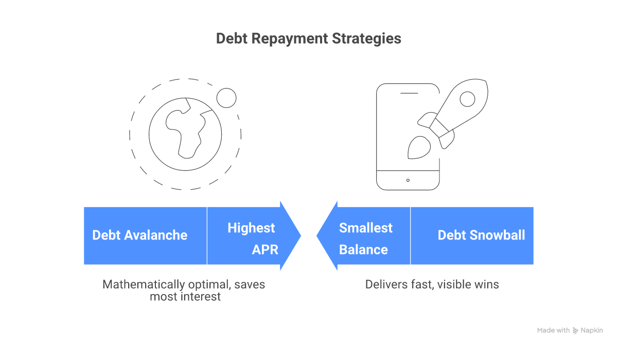 Side-by-side comparison of the debt avalanche method versus the debt snowball method for paying off credit card debt