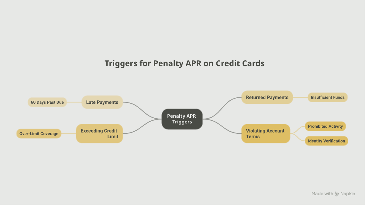 Mindmap of four common triggers for a credit card penalty APR: late payments, returned payments, exceeding the credit limit, and violating other account terms