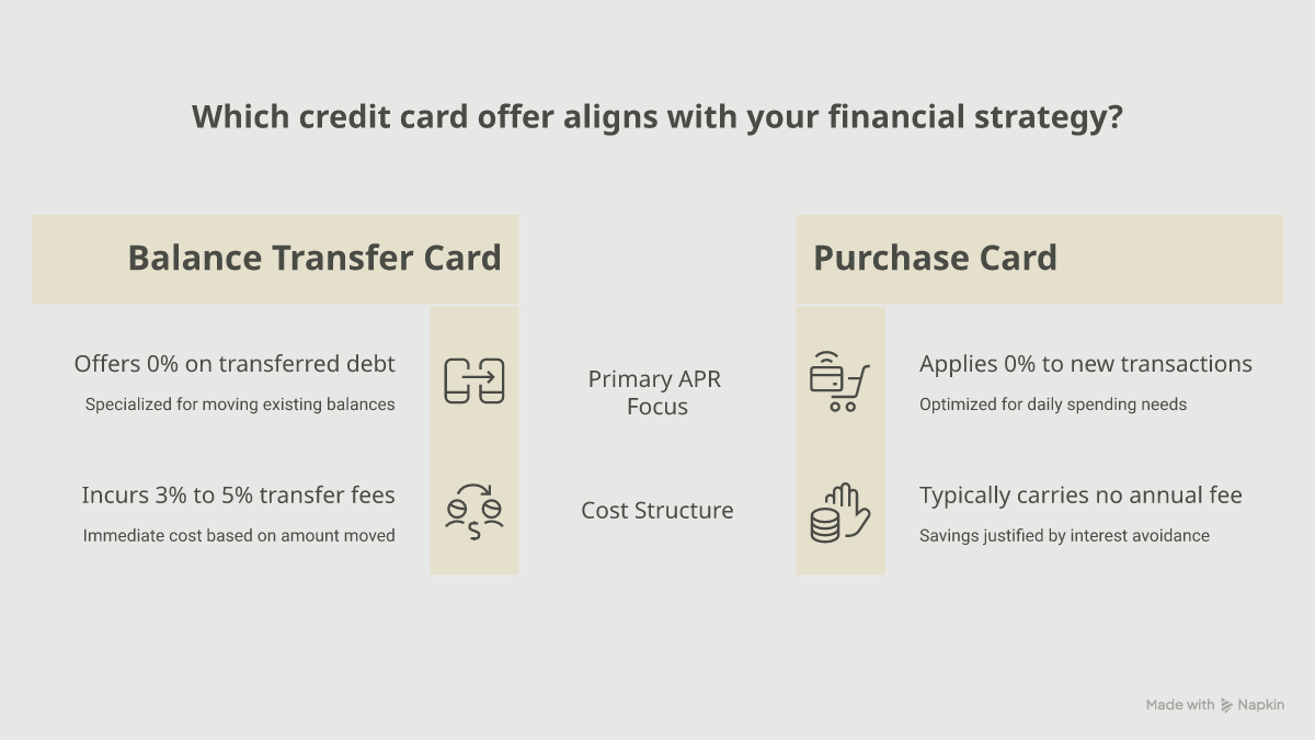 Side-by-side comparison of a balance transfer card and a purchase card, showing which 0% APR offer and cost structure fits each goal
