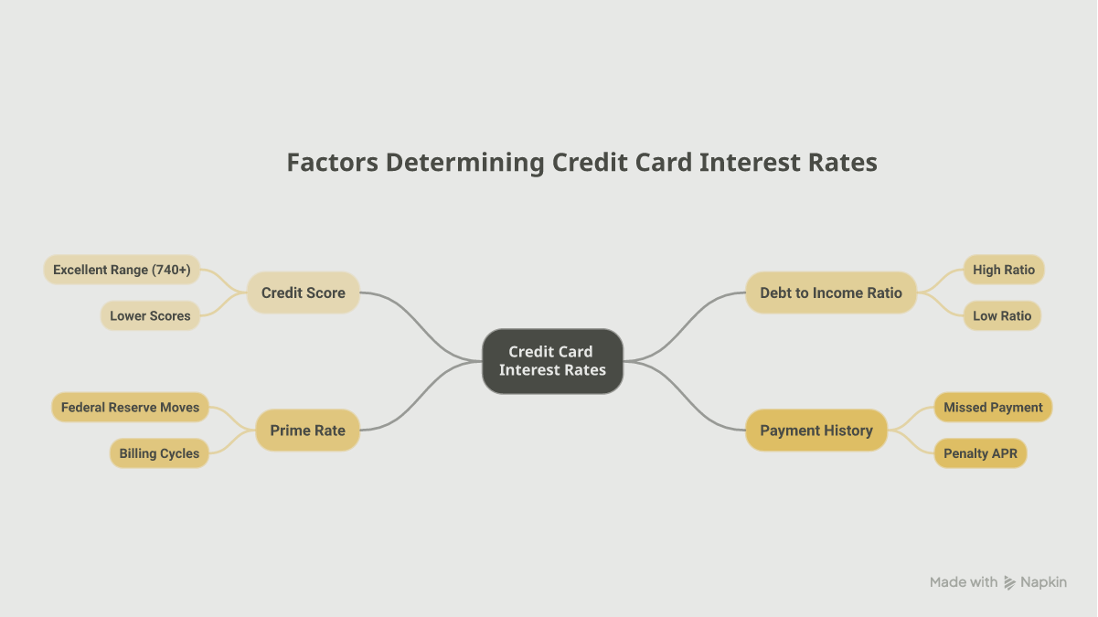 Mind map of four factors that set your credit card APR: credit score, debt to income ratio, the Prime Rate, and payment history