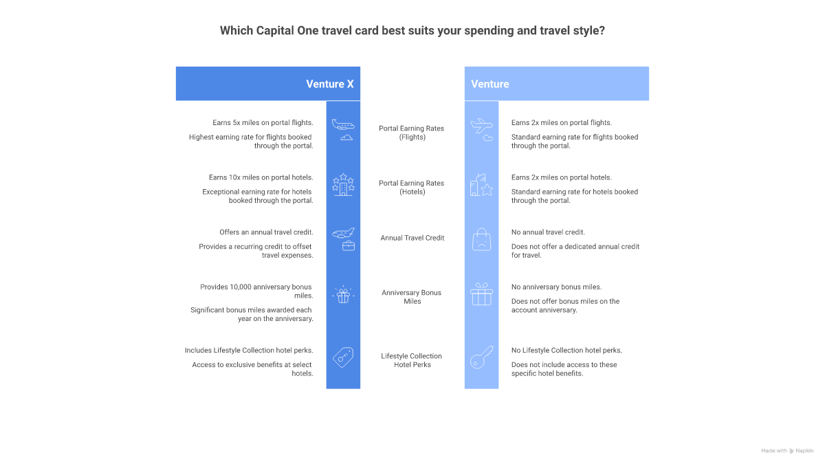 Comparison of Capital One Venture X, Venture, and VentureOne cards showing portal earning rates, annual fees, and travel perks