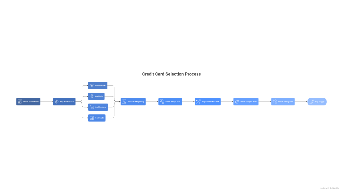 Eight-step flowchart for choosing the best credit card for your financial goals, from assessing your credit score to completing the application