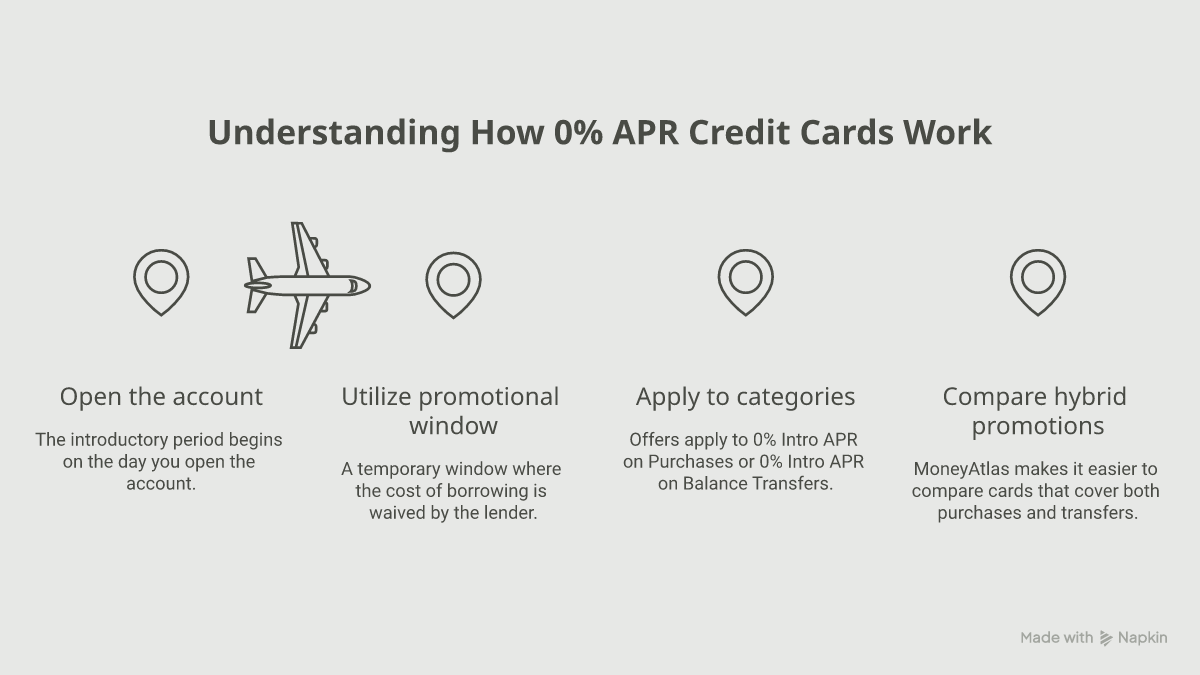 Timeline showing how a 0% intro APR window runs from account opening through the promotional period