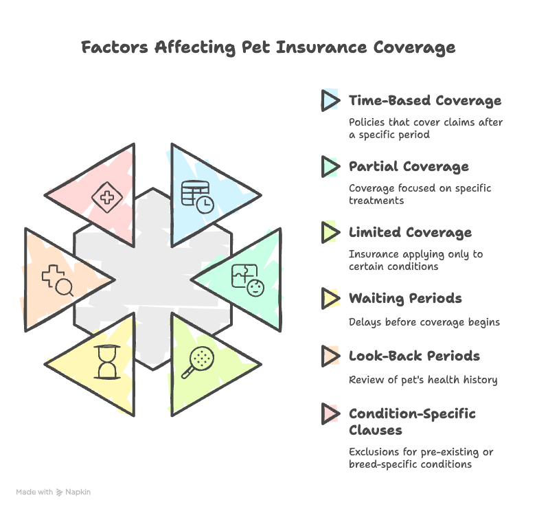 A graphic showing the factors affecting pet insurance coverage.