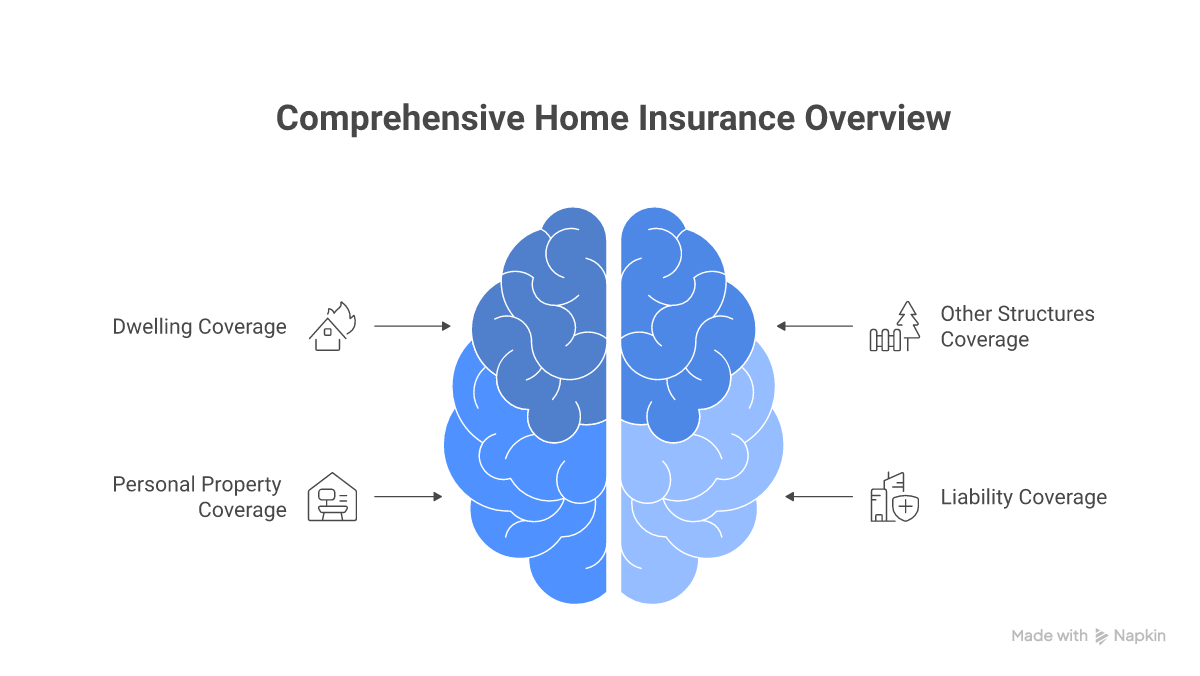 Standard home insurance coverage types: dwelling, other structures, personal property, liability, ALE