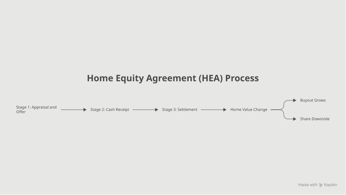 Flowchart of the three home equity agreement stages: appraisal and lump sum, no monthly payments, buyout at exit