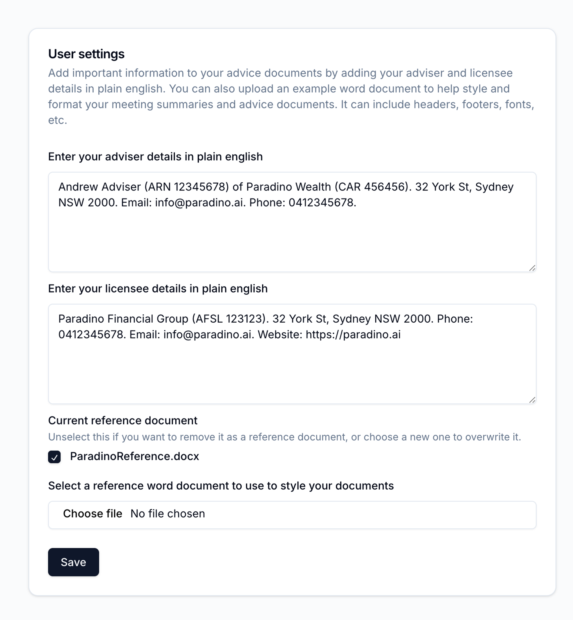 Paradino user settings page