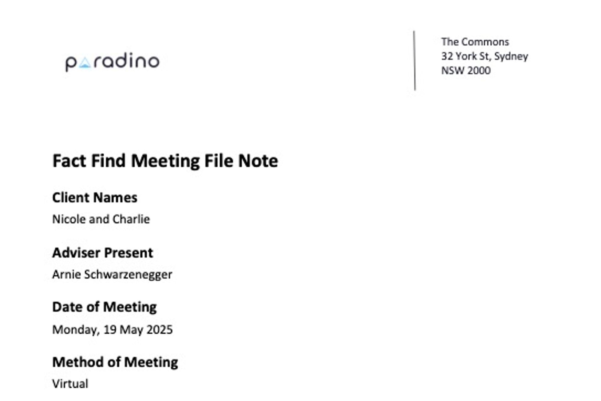 Paradino file note with styling
