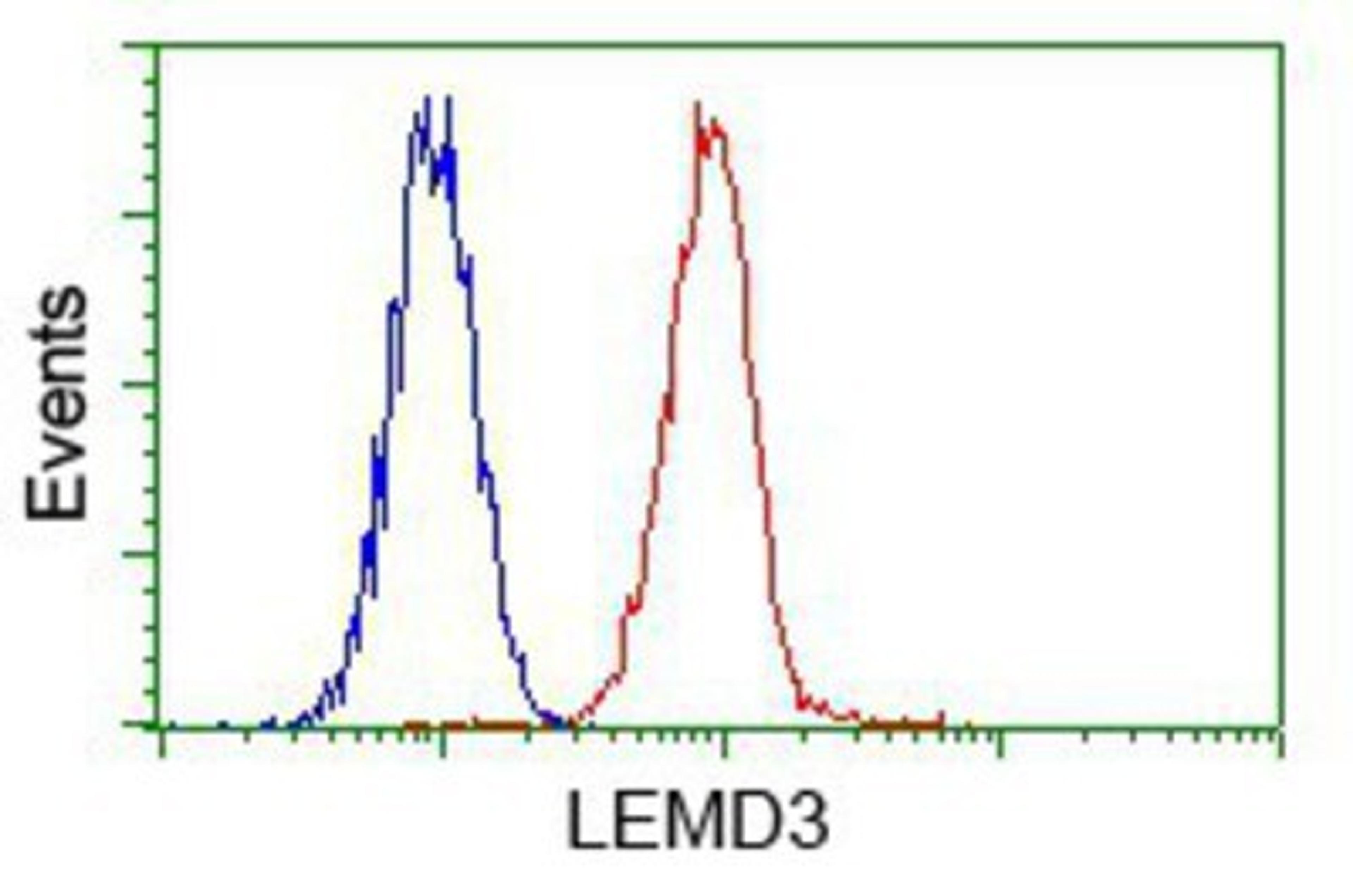 Flow Cytometry: LEMD3 Antibody (6C10) [NBP2-02211] - Analysis of Hela cells, using anti-LEMD3 antibody, (Red) compared to a nonspecific negative control antibody (Blue).