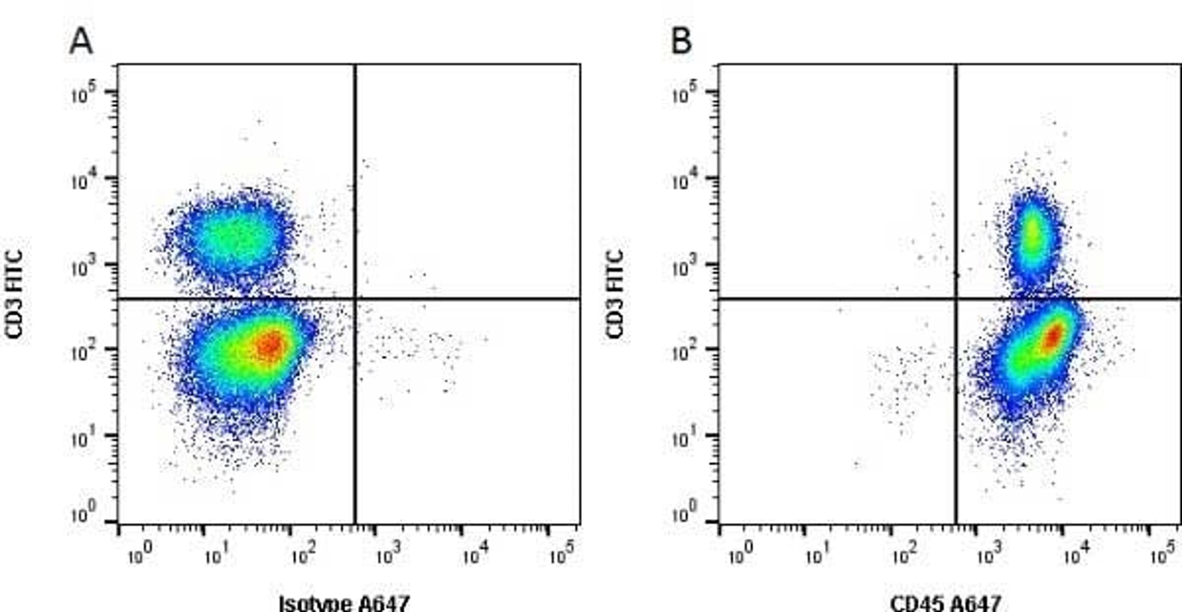 Figure A. mouse anti porcine CD3. Figure B. mouse anti porcine CD3 and mouse anti porcine CD45.