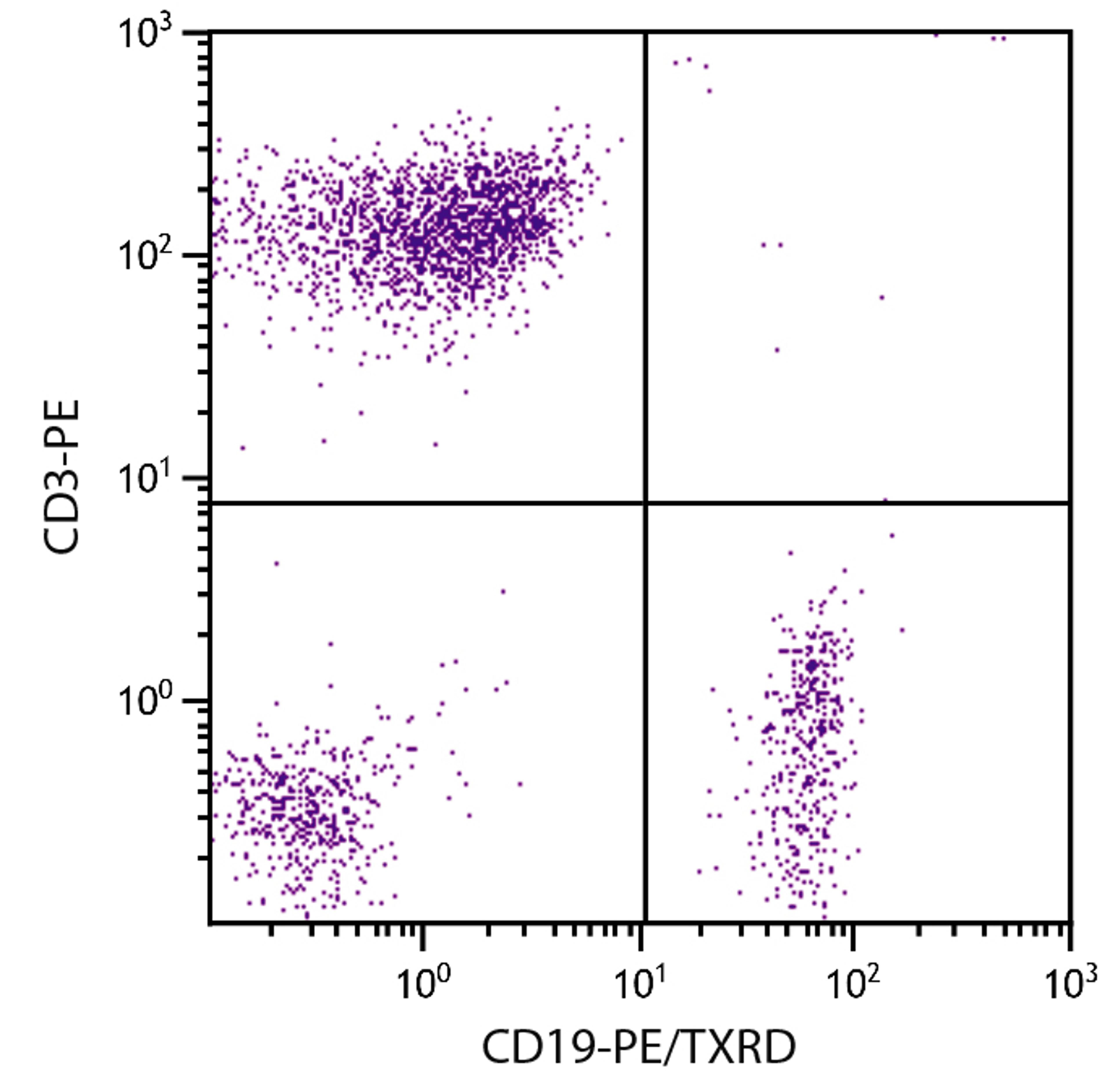 Human peripheral blood lymphocytes were stained with Mouse Anti-Human CD19-PE/TXRD (Cat. No. 99-351) and Mouse Anti-Human CD3-PE .