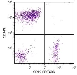 Human peripheral blood lymphocytes were stained with Mouse Anti-Human CD19-PE/TXRD (Cat. No. 99-351) and Mouse Anti-Human CD3-PE .