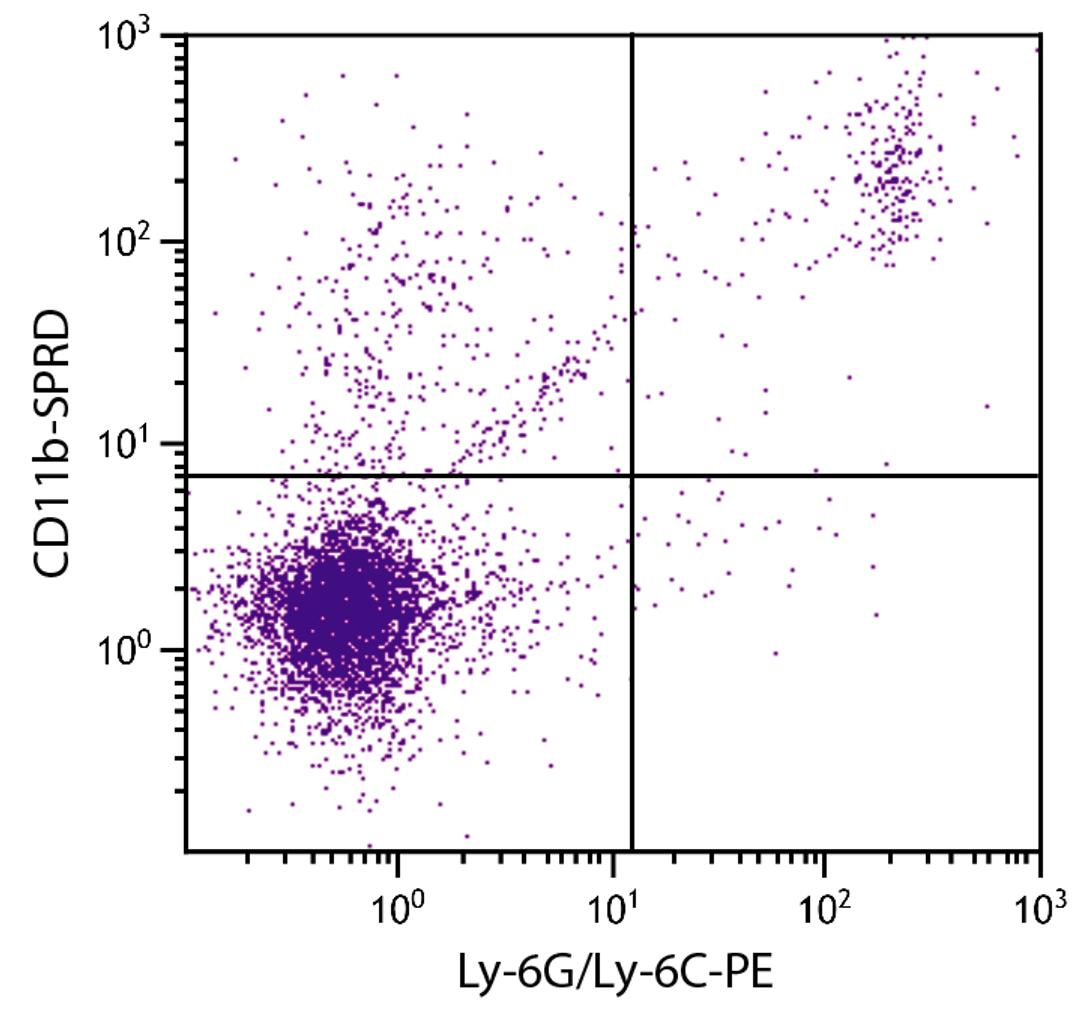 BALB/c mouse splenocytes were stained with Rat Anti-Mouse CD11b-SPRD (Cat. No. 98-647) and Rat Anti-Mouse Ly-6G/Ly-6C-PE .