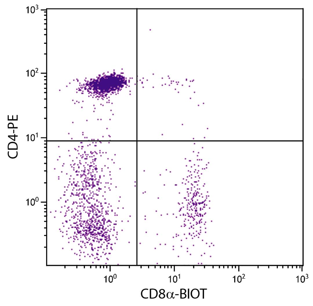 Chicken peripheral blood mononuclear cells were stained with Mouse Anti-Chicken CD8?-BIOT (Cat. No. 99-214) and Mouse Anti-Chicken CD4-PE followed by Streptavidin-FITC .