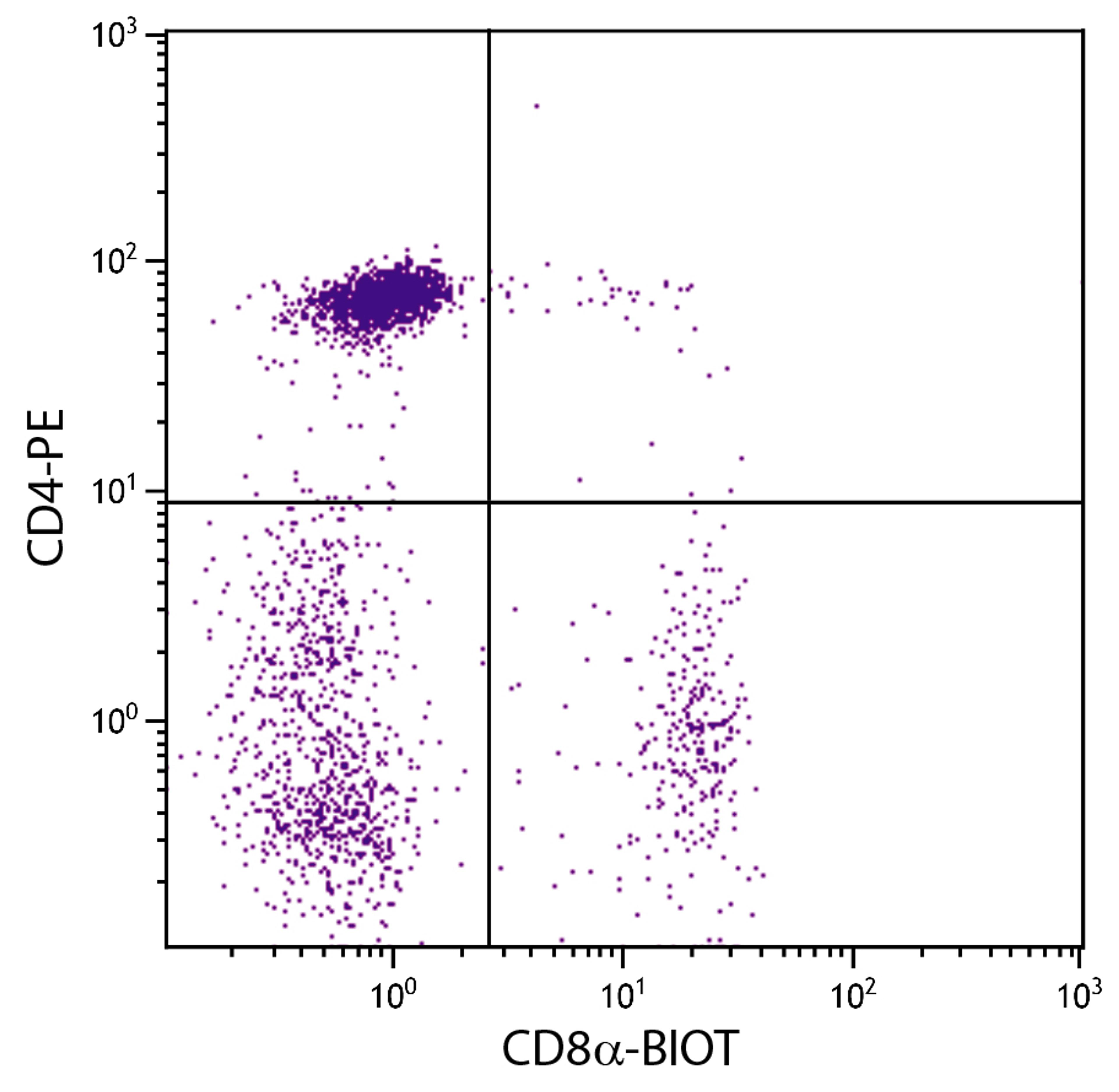 Chicken peripheral blood mononuclear cells were stained with Mouse Anti-Chicken CD8?-BIOT (Cat. No. 99-214) and Mouse Anti-Chicken CD4-PE followed by Streptavidin-FITC .