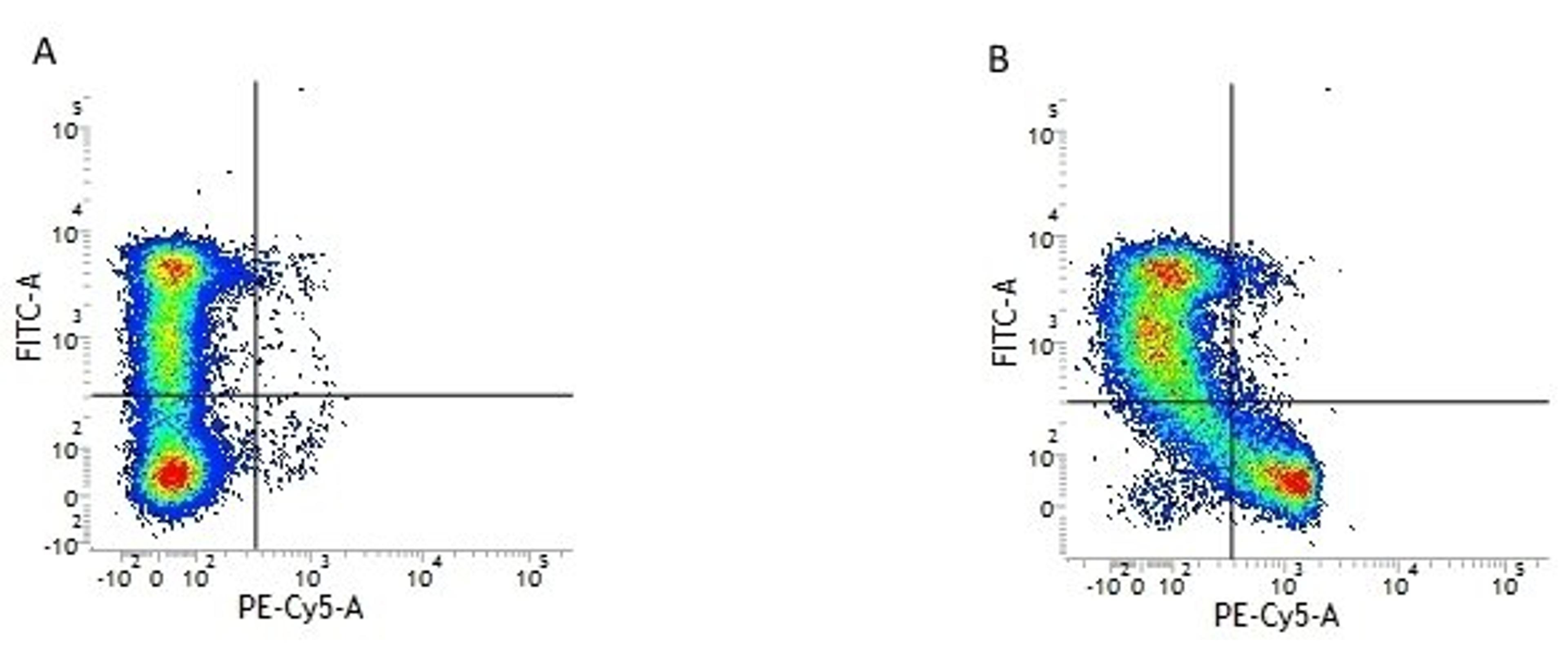 Figure A. mouse anti human CD45RA. Figure B. mouse anti human CD45RA andmouse anti human CD45RO