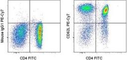 Flow Cytometry: L-Selectin/CD62L Antibody (DREG56) [NBP1-42795] - Analysis using the PE/Cy7 conjugate of NBP1-42795. Staining of normal human peripheral blood cells with Anti-Human CD4 FITC and Mouse IgG1 ? Isotype Control PE-Cy7(left) or Anti-Human CD62L (L-Seletin) PE-Cy7 (right).