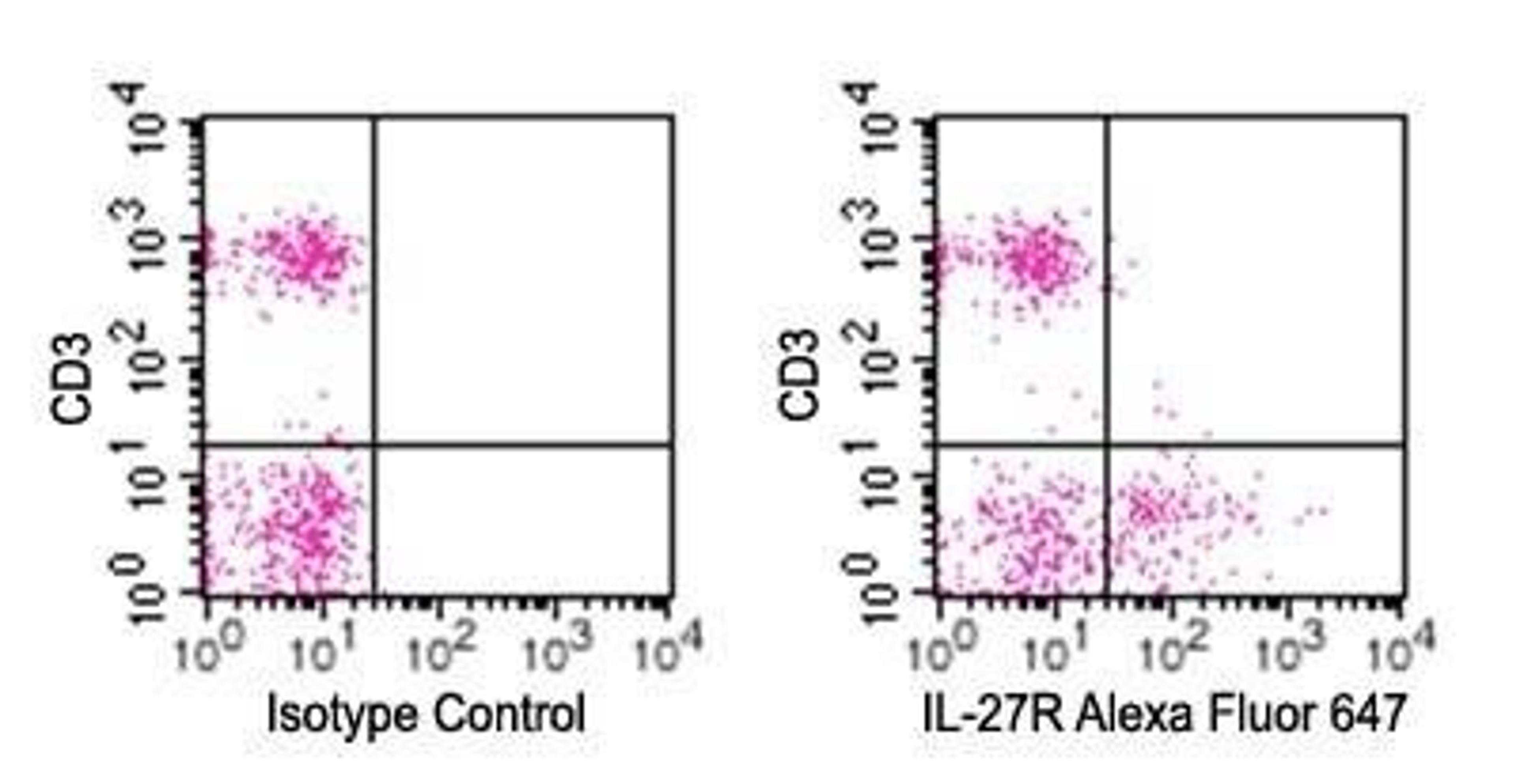 Flow (Cell Surface): IL-27 R alpha/WSX-1/TCCR Antibody (34N4G11) [NBP2-19015] - Analysis using the Alexa Fluor (R) 647 conjugate of NBP2-19015. Surface staining of IL27R on freshly isolated (PPI negative) human PBMCs using IL-27R antibody and CD3 antibody at 10 ul/10^6 cells. Flow kit, mouse IgG2b isotype control antibody, and RBC lysis buffer were used for this test.