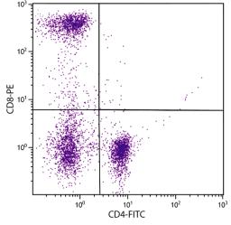 Human peripheral blood lymphocytes were stained with Mouse Anti-Human CD8-PE (Cat. No. 99-443) and Mouse Anti-Human CD4-FITC .