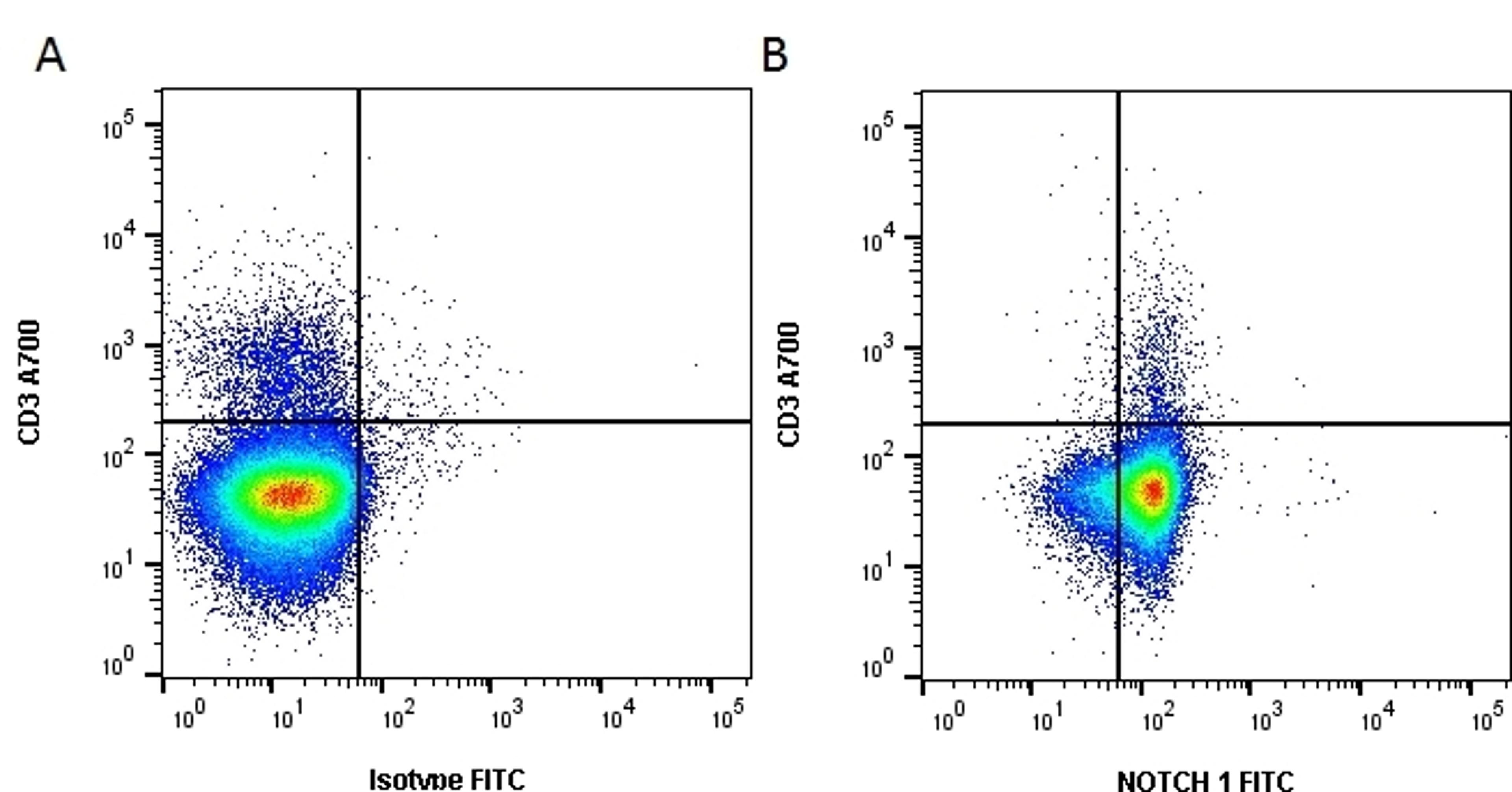 Figure A. rat anti mouse CD3. Figure B. rat anti mouse CD3 and mouse anti mouse NOTCH1. 