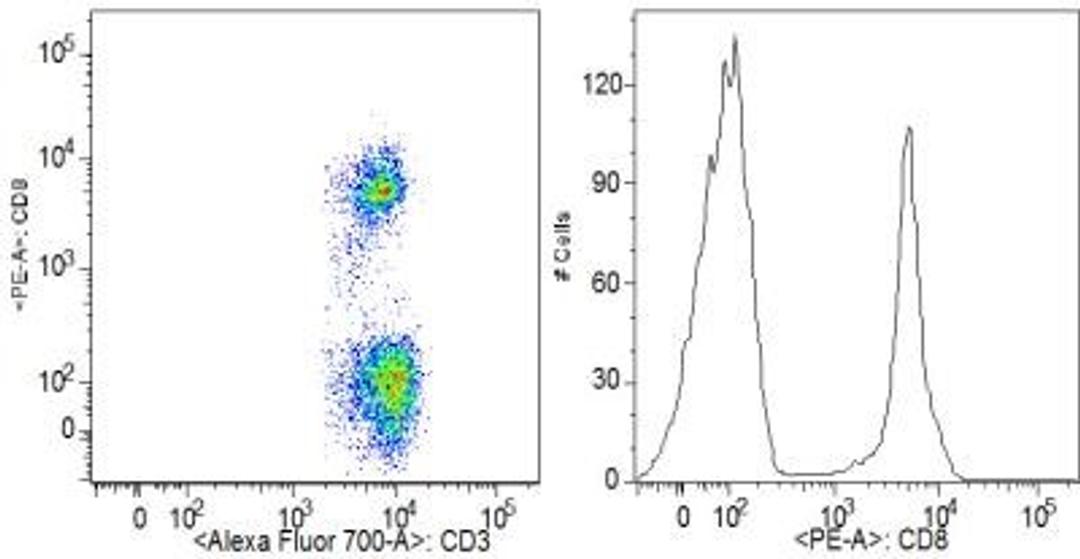 Flow (Cell Surface): CD8 alpha Antibody (RPA-T8) [NBP2-25195] - Analysis using the PE conjugate of NBP2-25195. Staining of Human peripheral blood mononuclear cells. Image from verified customer review.