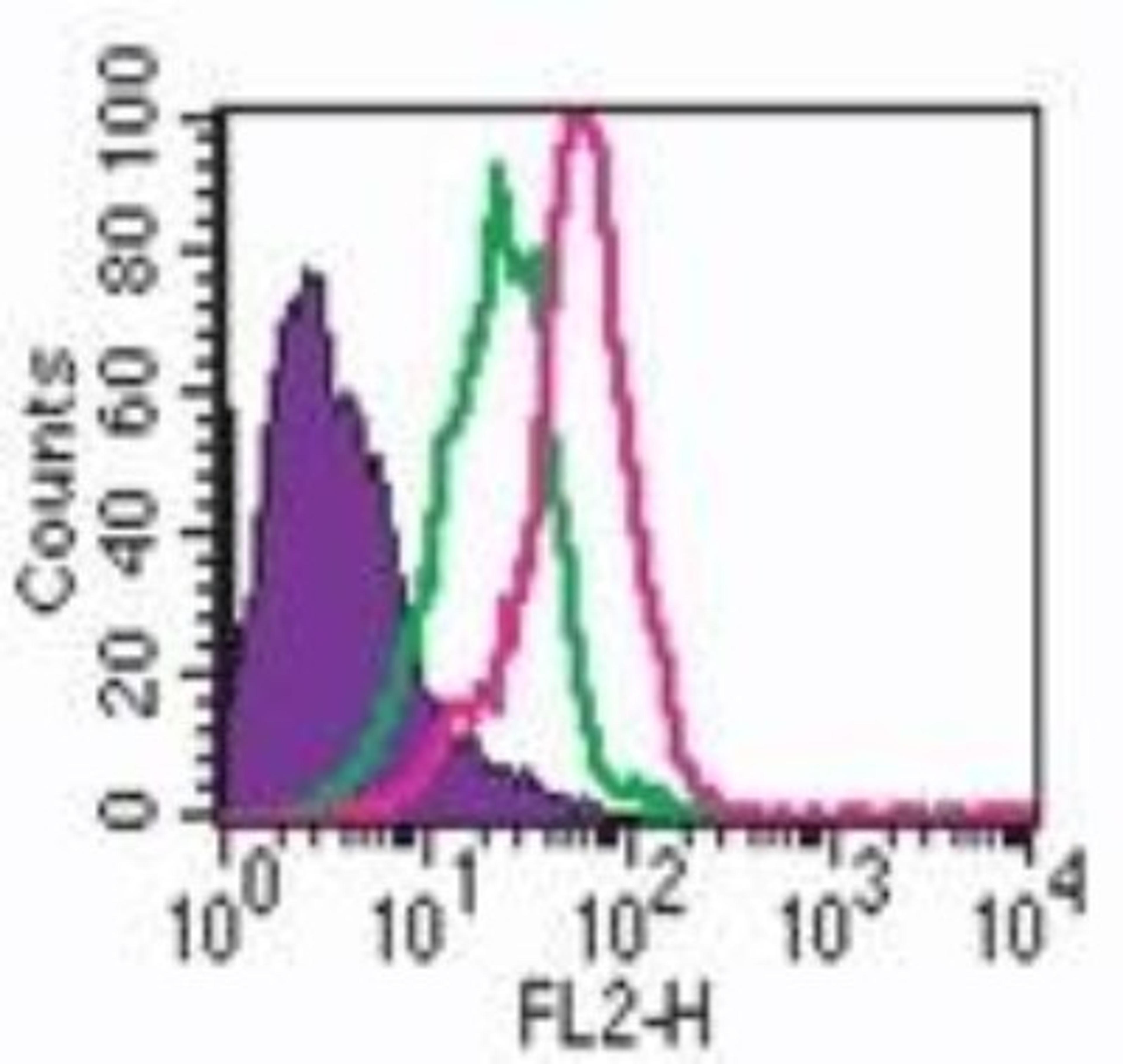 Flow Cytometry: TLR7 Antibody [Azide Free] [NBP2-24905] - Intracellular staining by analysis of TLR7 in human PBMC using this antibody at 0.5 ug/ml. Shaded histogram is cells alone, green is rabbit IgG isotype control (NBP2-24891), red represents anti-TLR7 antibody.  NBP2-30343PE was used for secondary.