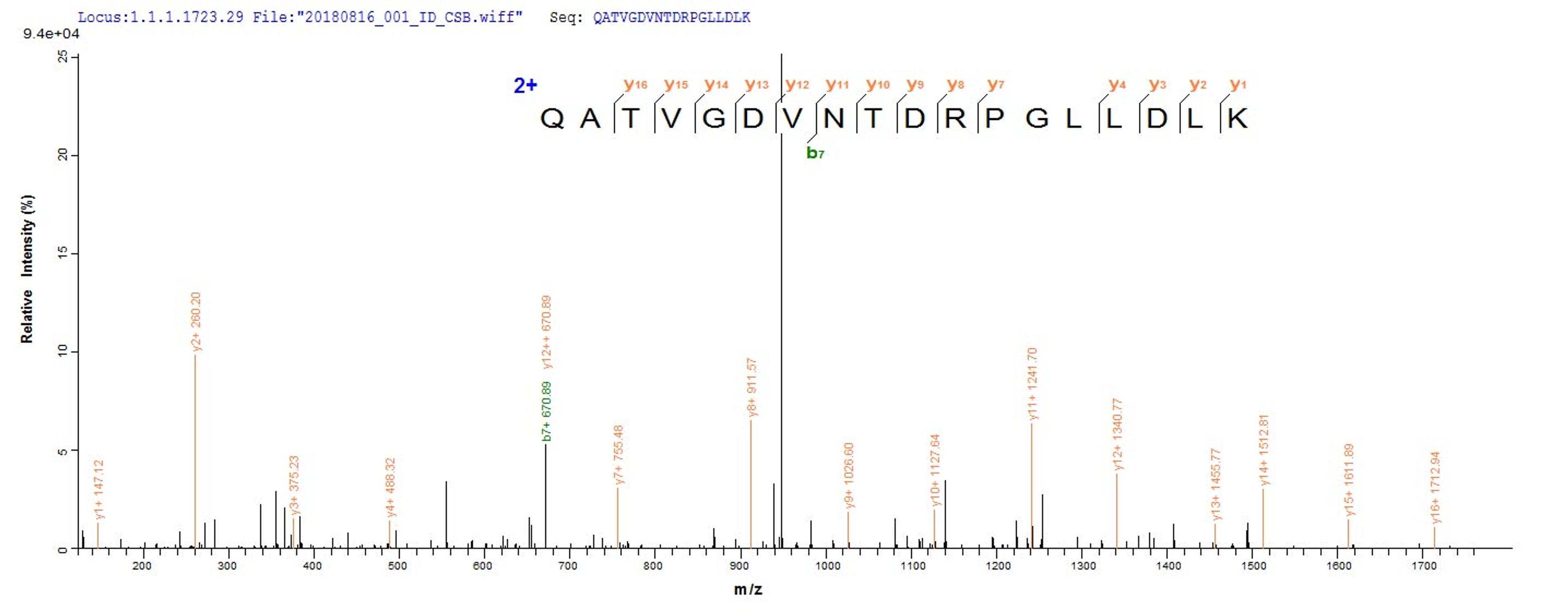 Based on the SEQUEST from database of E.coli host and target protein, the LC-MS/MS Analysis result of CSB-EP006519MO could indicate that this peptide derived from E.coli-expressed Mus musculus (Mouse) Dbi.