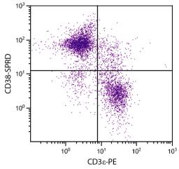 BALB/c mouse splenocytes were stained with Rat Anti-Mouse CD38-SPRD (Cat. No. 98-760) and Rat Anti-Mouse CD3?-PE .